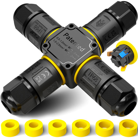PEBA Kabelverbinder Wasserdicht 3 polig, 4-Wege IP68 Wasserdichte Kabelverbinder 4-12 mm Kabeldurchmesser, Verteilerdose außen, 3-Leiter, Verbindungsklemme mit Hebel für Outdoor, Abzweigdose Schwarz