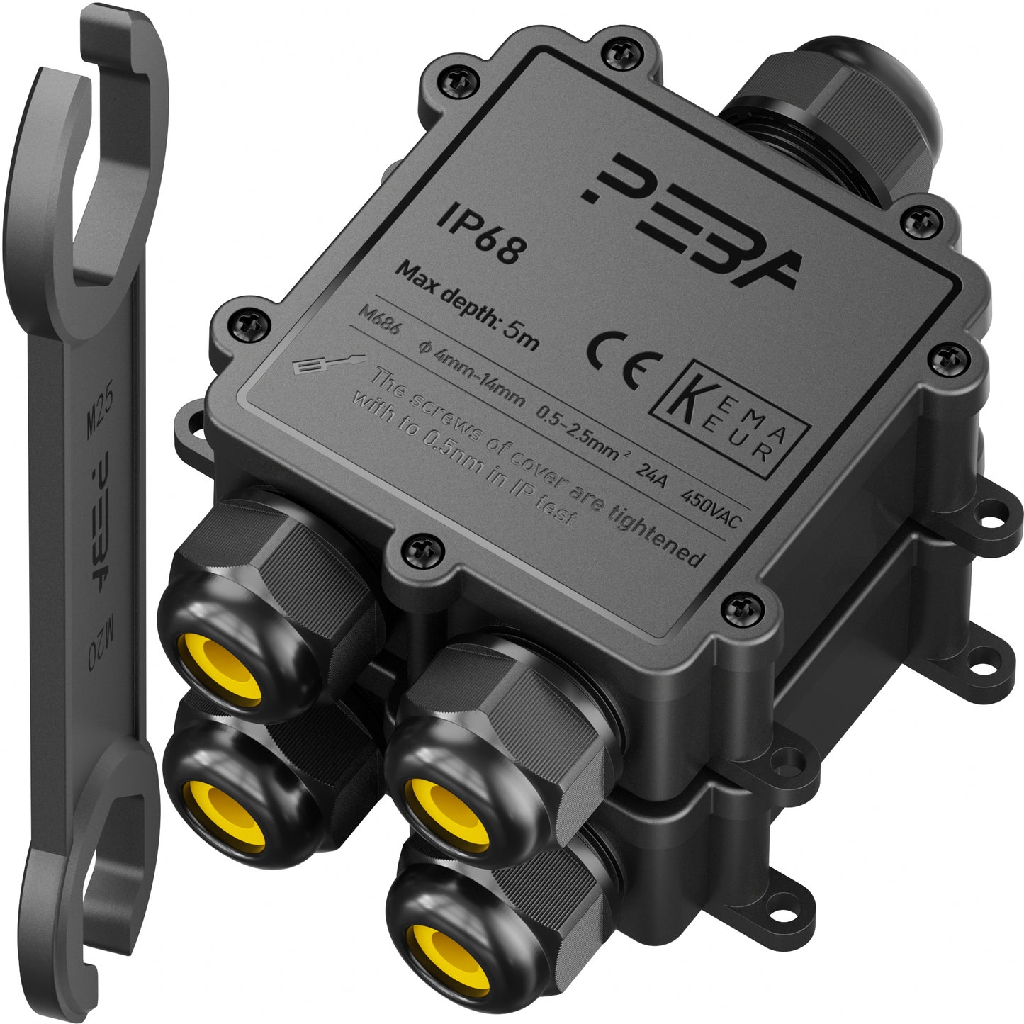 Scatola di giunzione per cavi impermeabile PEBA® IP68, connettore per cavo esterno a 3 vie, connettore per cavo, scatola di giunzione per cavi impermeabile, scatole di giunzione, scatole per cavi, collegamento cavo per diametro cavo Ø4-14mm, nero