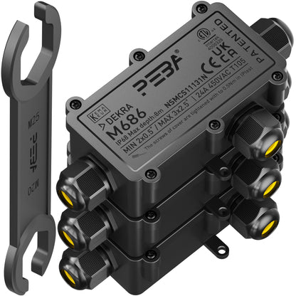 PEBA® Wasserdicht Abzweigdose Erdkabel Kabelverbinder IP68 Verteilerdose steckdose aussen verteiler Ø4mm-8mm und Ø8mm-12mm kabel für außen garten outdoor wasserdichte verbinder box 3-Wege Schwarz