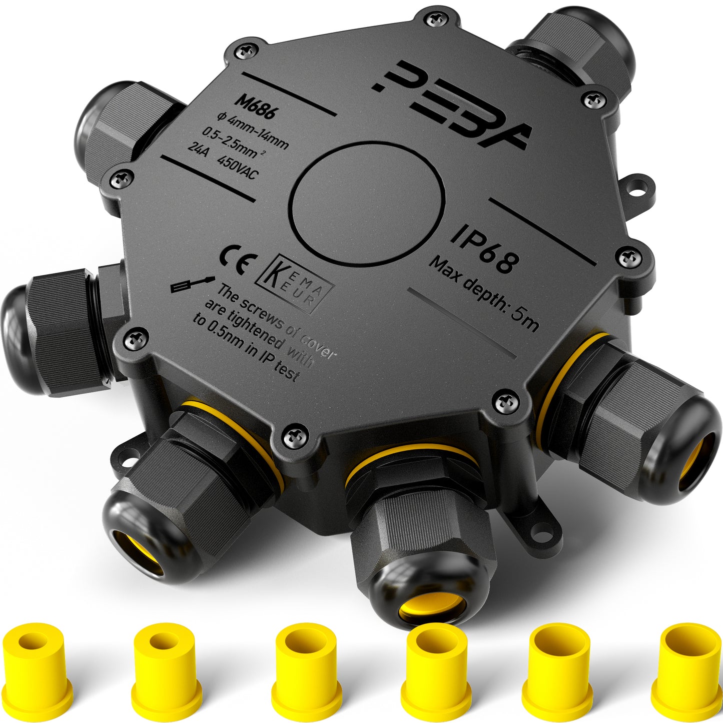PEBA® Abzweigdose IP68, Abzweigkasten, Wasserdichte Kabelverbinder, Aufputz Verteilerdose Außen Wasserdicht 6-Wege für Ø4-14mm Kabeldurchmesser Anschlussdose, Klemmkasten, Abzweigdose schwarz