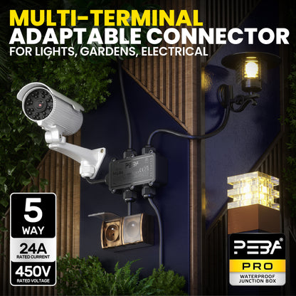 PEBA® Abzweigdose,Erdkabel Klemmdose Verbindungsdose, 5 Wege Junction Box, IP68 Wasserdichte Verteilerdose, Kabelverbinder Aussen, Elektrischer Außenverteilerdose, Kabeldurchmesser Ø 4mm-12mm, schwarz