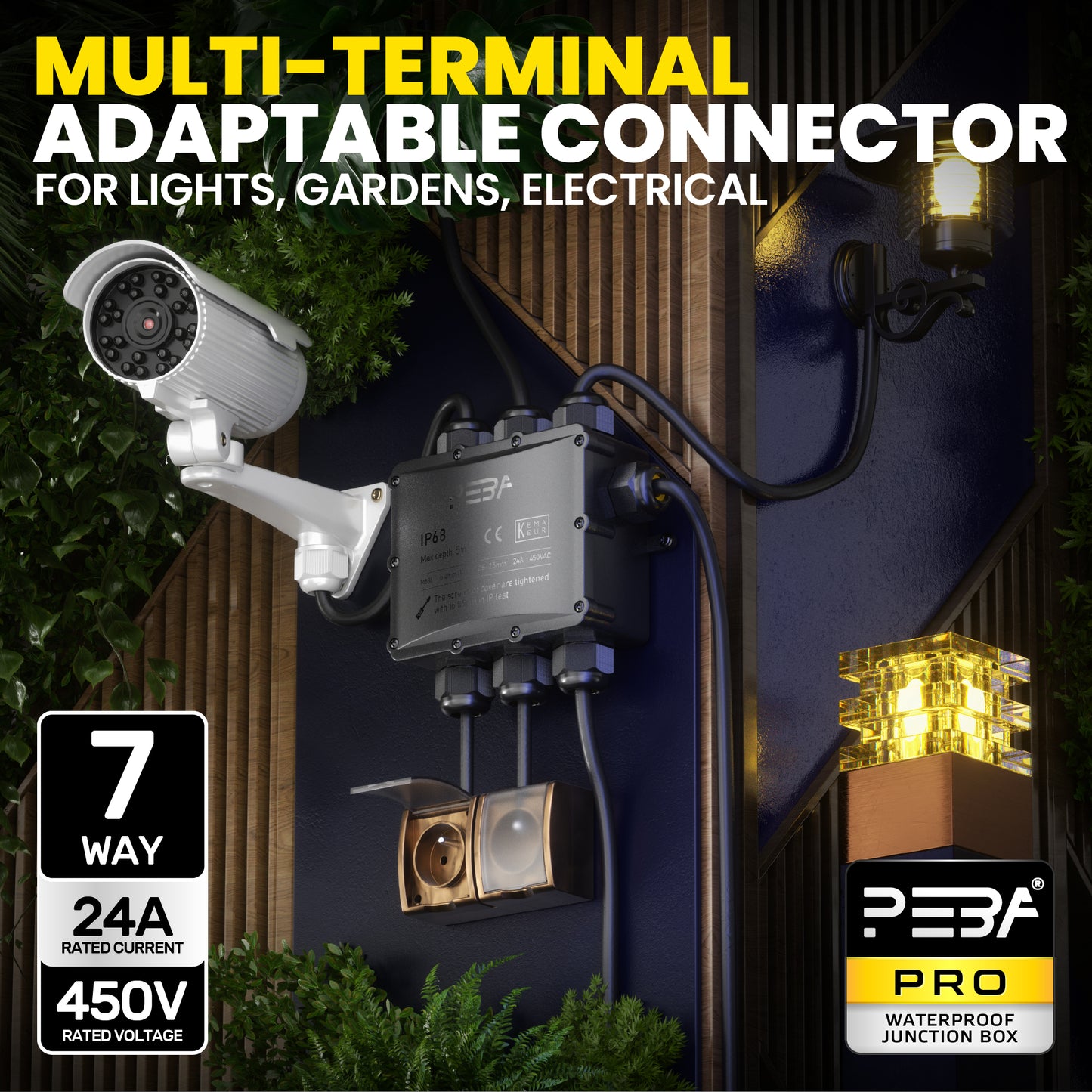 PEBA® Wasserdicht Abzweigdose Erdkabel Kabelverbinder IP68 Verteilerdose steckdose aussen verteiler Ø4mm-14mm kabel für garten outdoor verbinder box 7-Wege Schwarz
