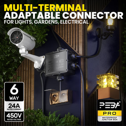PEBA® Wasserdicht Abzweigdose Erdkabel Kabelverbinder IP68 Verteilerdose steckdose aussen verteiler Ø4mm-14mm kabel für garten outdoor verbinder box 6-Wege Schwarz