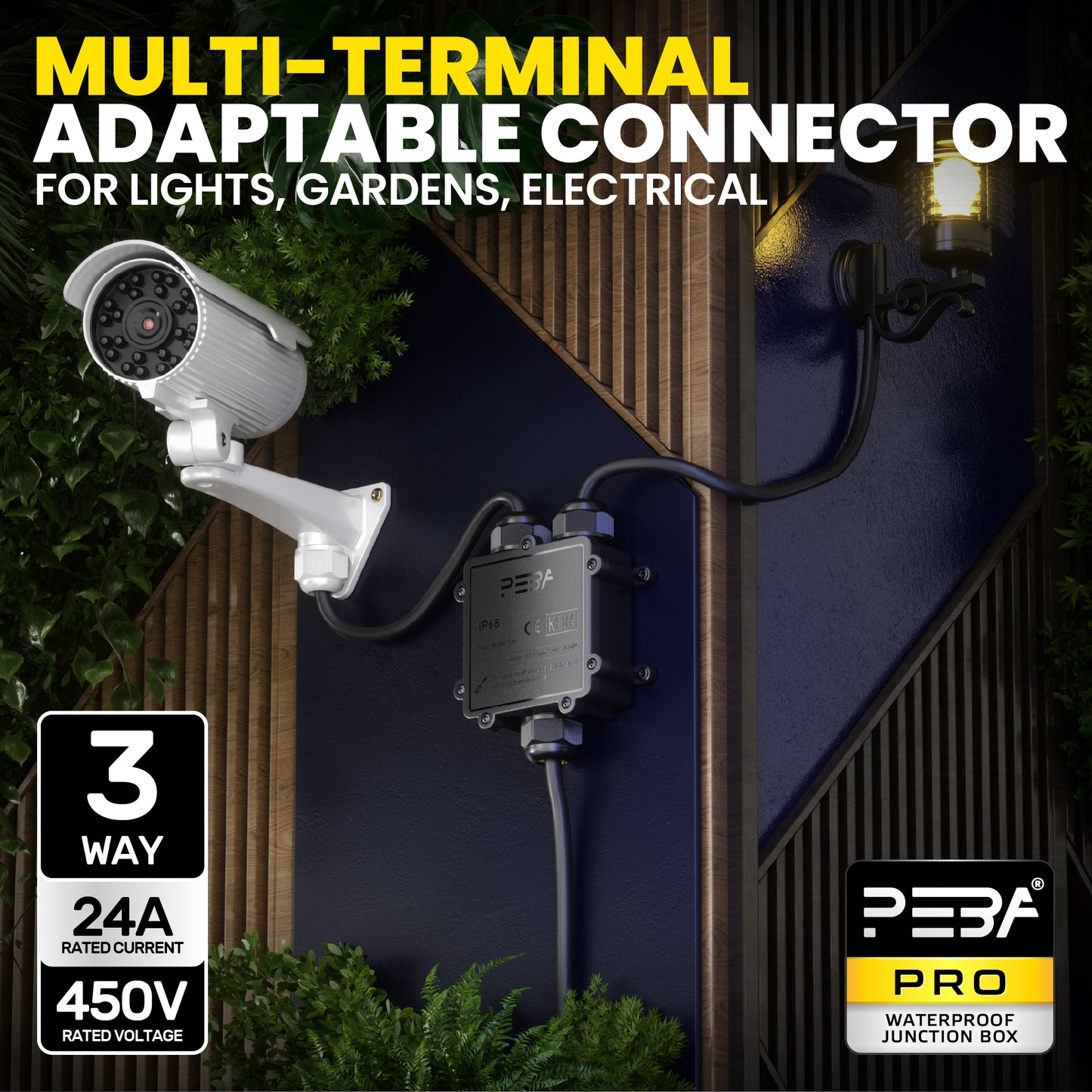 PEBA® IP68 Wasserdichte Kabelanschlussdose, 3-Wege Outdoor Kabelverbinder, Kabelverbinder, Wasserdichte Kabelanschlussdose, Anschlussdosen, Kabelboxen, Kabelverbindung für Ø4-14mm Kabeldurchmesser,Schwarz