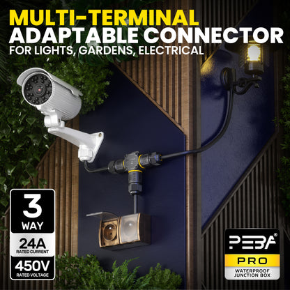 PEBA® Kabelverbinder Wasserdicht 3 polig, 3-Wege IP68 Wasserdichte Kabelverbinder Ø4-12mm Kabeldurchmesser, Verteilerdose außen, 3-Leiter, Verbindungsklemme mit Hebel für Outdoor, Abzweigdose Schwarz