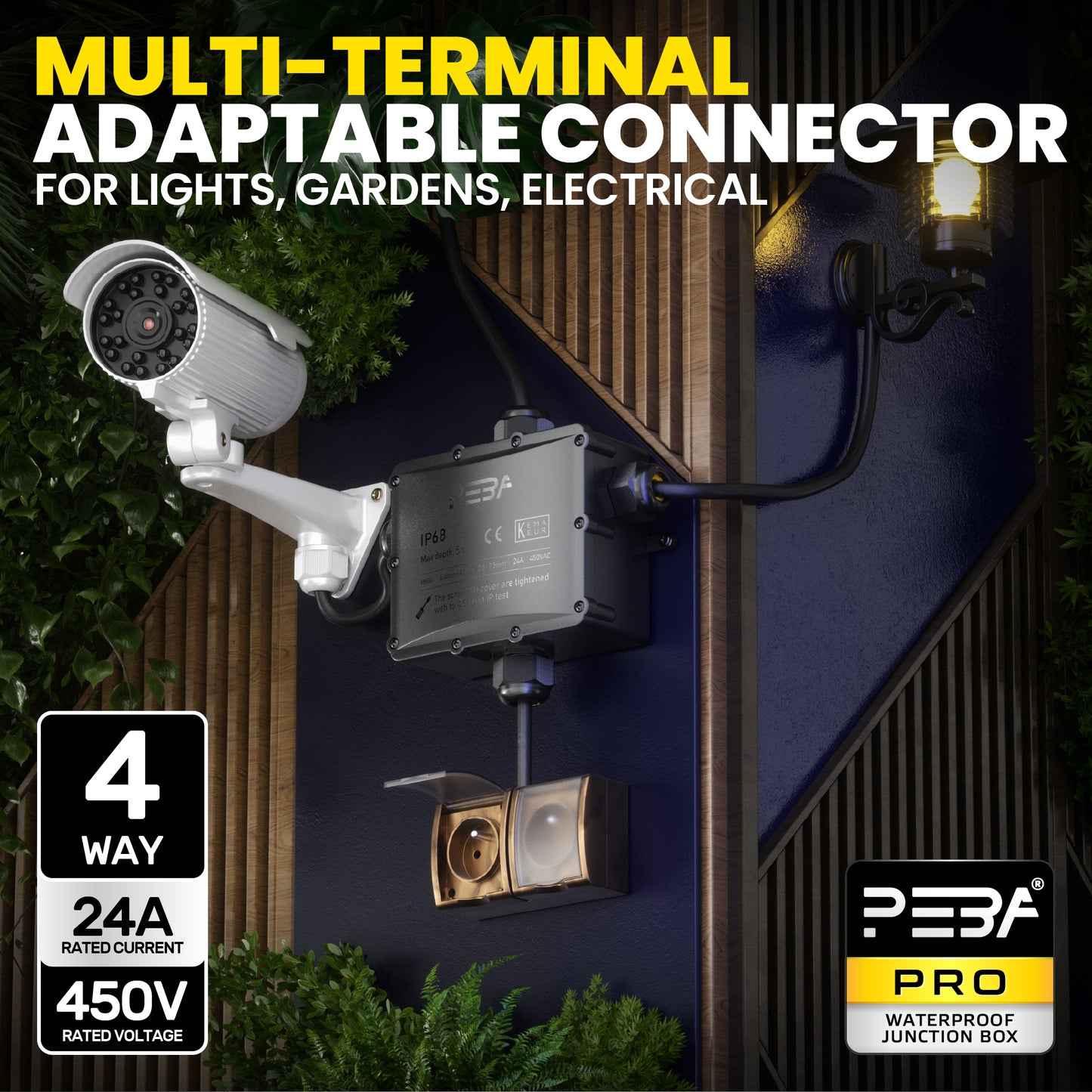 PEBA® Wasserdicht Abzweigdose Erdkabel Kabelverbinder IP68 Verteilerdose steckdose aussen verteiler Ø4mm-14mm kabel für garten outdoor verbinder box 4-Wege Schwarz