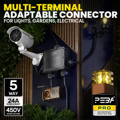 PEBA® Wasserdicht Abzweigdose Erdkabel Kabelverbinder IP68 Verteilerdose steckdose aussen verteiler Ø4mm-14mm kabel für garten outdoor verbinder box 5-Wege Schwarz