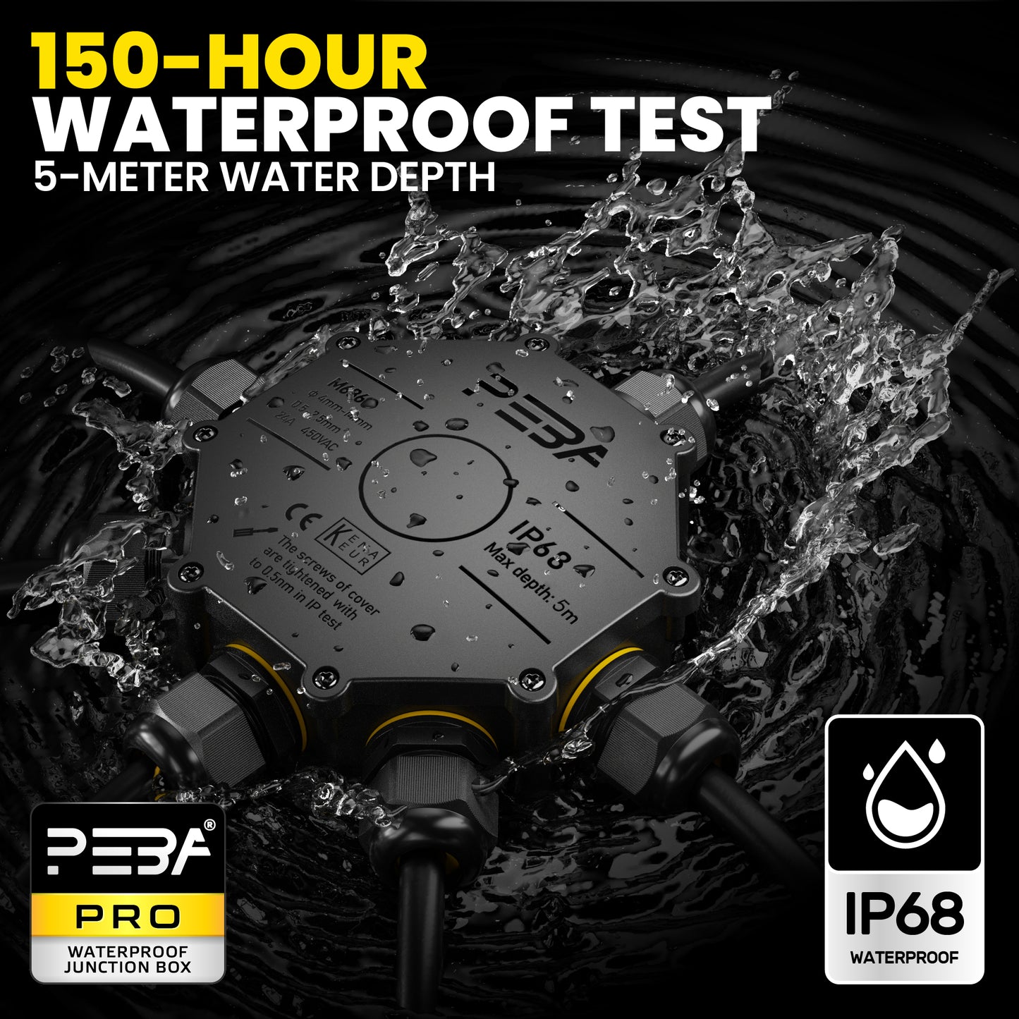 PEBA® Abzweigdose IP68, Abzweigkasten, Wasserdichte Kabelverbinder, Aufputz Verteilerdose Außen Wasserdicht 6-Wege für Ø4-14mm Kabeldurchmesser Anschlussdose, Klemmkasten, Abzweigdose schwarz