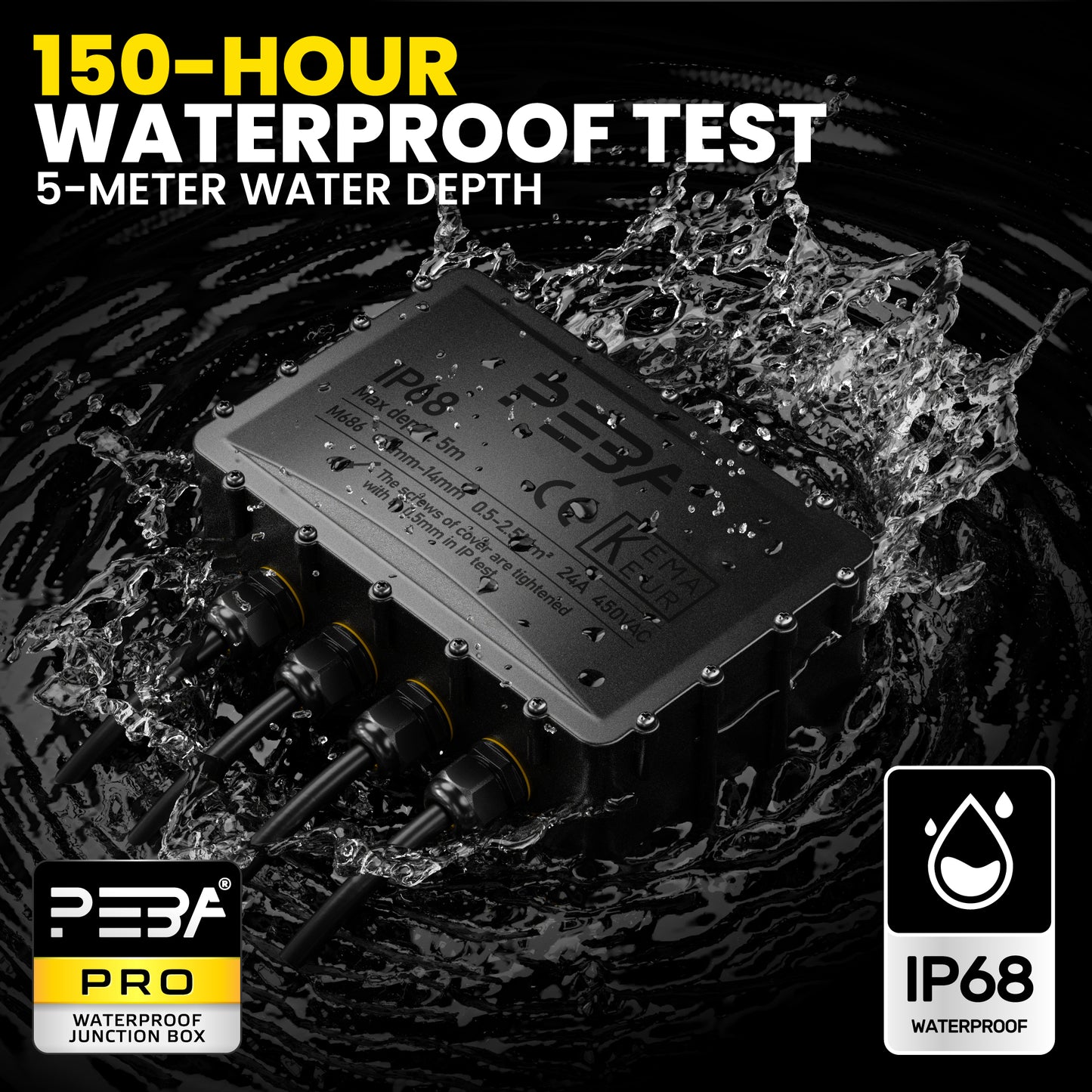 PEBA Abzweigdose Wasserdicht IP68, Große Ausführung – 4-Wege Kabelverbinder für Erdkabel (4-14mm Durchmesser), Verteilerdose Außen für Garten & Outdoor, Schwarz