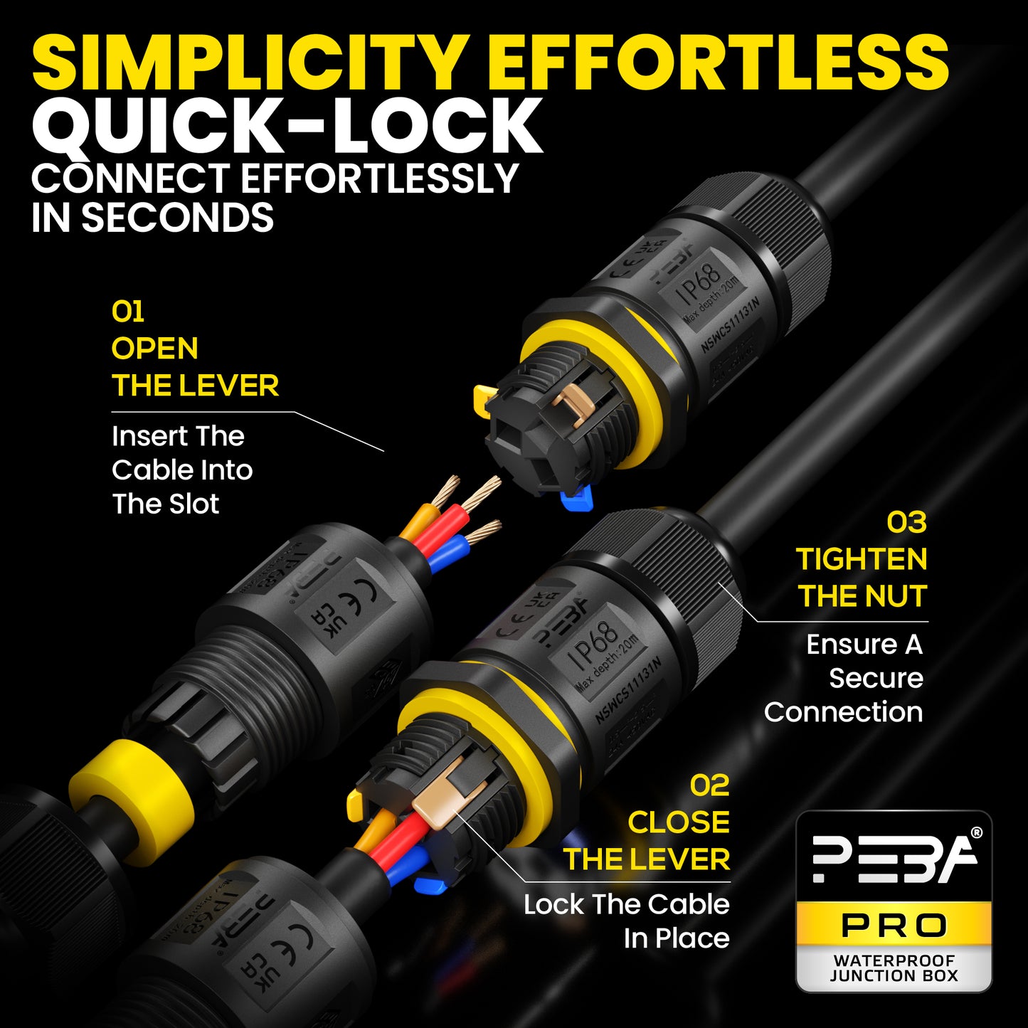 PEBA® Kabelverbinder Wasserdicht IP68 Verbindungsbox Verbindungsmuffe 3-polig für Ø4-12mm Kabeldurchmesser, Verteilerdose außen, 3-Leiter, Verbindungsklemme mit Hebel für Outdoor, Abzweigdose