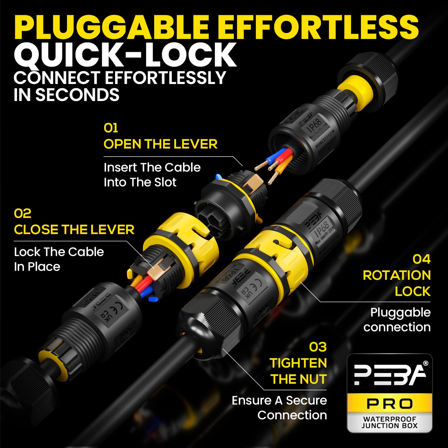 PEBA Kabelverbinder Wasserdicht 3 polig IP68 Steckbarer Wasserdichte Kabelverbinder, Kabelschnellverbinder mit Stecker und Buchse für 4-12mm, Verbindungsklemme mit Hebel, Schwarz