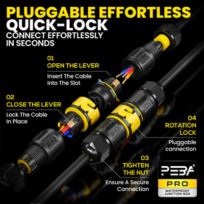 PEBA Kabelverbinder Wasserdicht 3 polig IP68 Steckbarer Wasserdichte Kabelverbinder, Kabelschnellverbinder mit Stecker und Buchse für 4-12mm, Verbindungsklemme mit Hebel, Schwarz