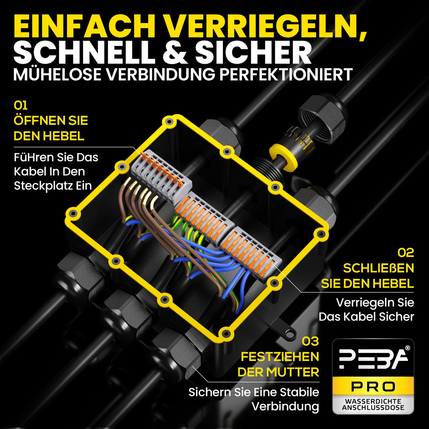 PEBA® Wasserdicht Abzweigdose Erdkabel Kabelverbinder IP68 Verteilerdose steckdose aussen verteiler Ø4mm-14mm kabel für garten outdoor verbinder box 6-Wege Schwarz