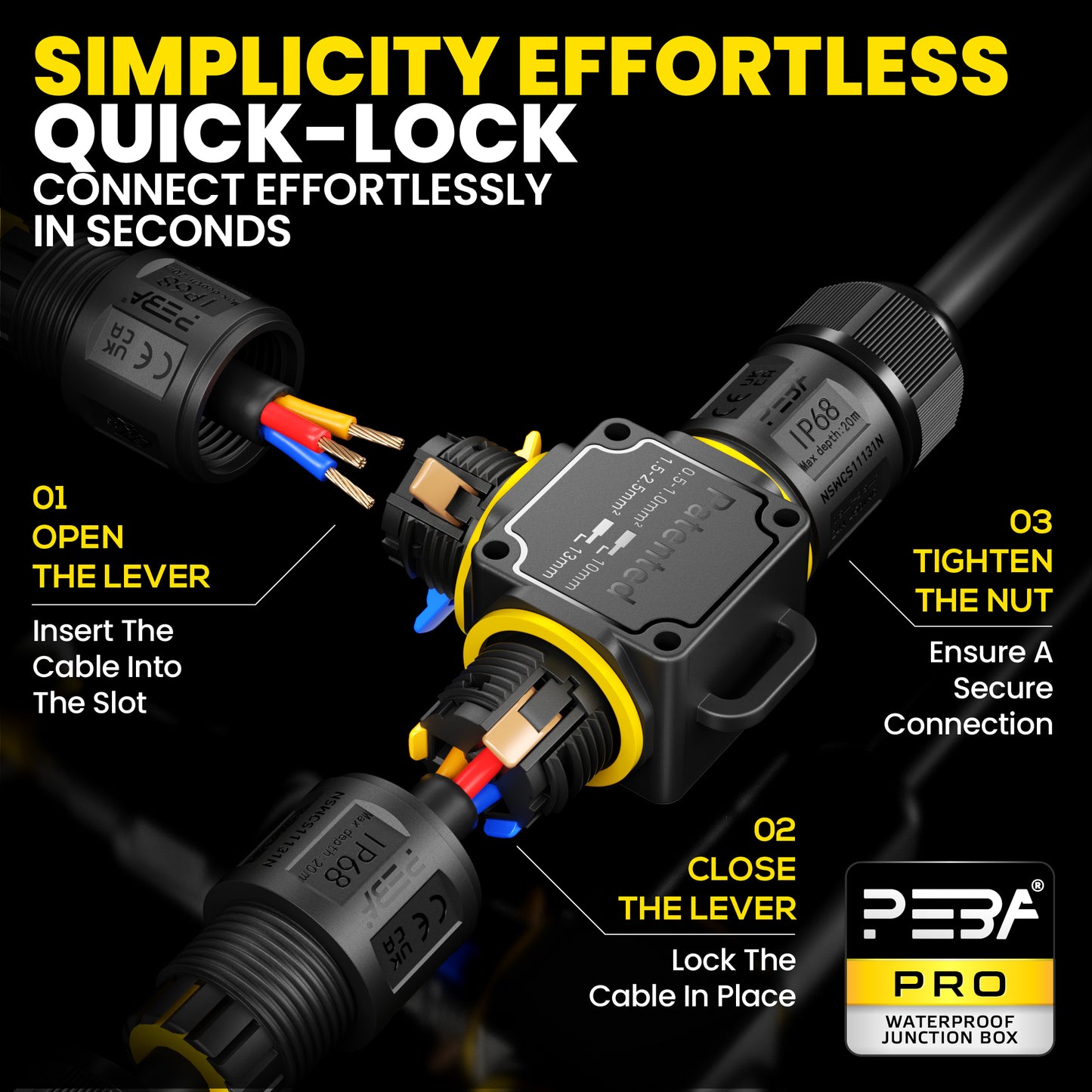 PEBA® Kabelverbinder Wasserdicht 3 polig, 3-Wege IP68 Wasserdichte Kabelverbinder Ø4-12mm Kabeldurchmesser, Verteilerdose außen, 3-Leiter, Verbindungsklemme mit Hebel für Outdoor, Abzweigdose Schwarz