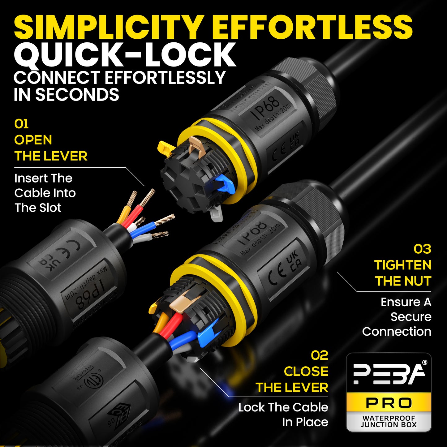 PEBA® Kabelverbinder Wasserdicht IP68 Verbindungsbox Verbindungsmuffe 5-polig für Ø4-14mm Kabeldurchmesser, Verteilerdose außen, 5-Leiter, Verbindungsklemme mit Hebel für Outdoor, Abzweigdose