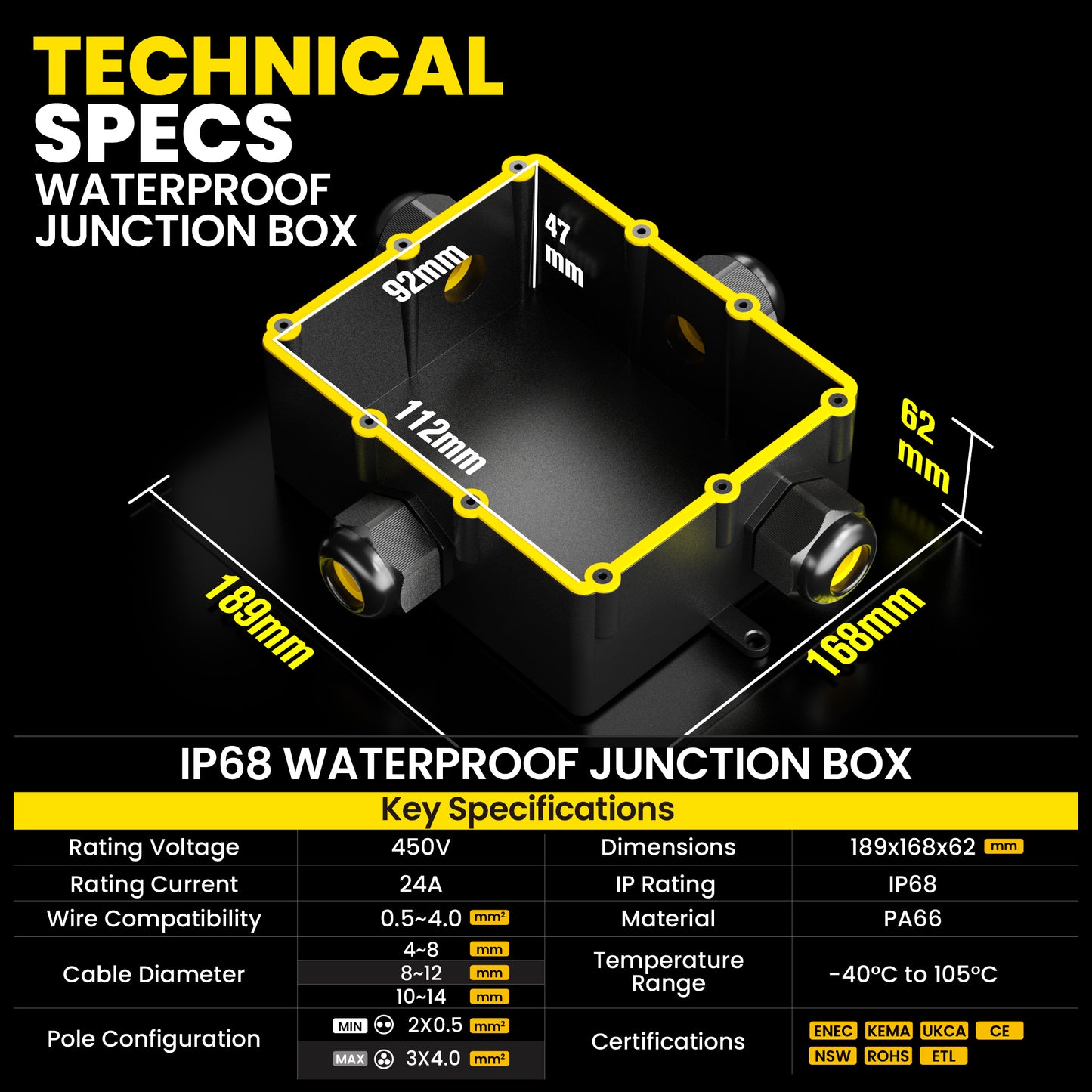 PEBA® Wasserdicht Abzweigdose Erdkabel Kabelverbinder IP68 Verteilerdose steckdose aussen verteiler Ø4mm-14mm kabel für garten outdoor verbinder box 4-Wege Schwarz