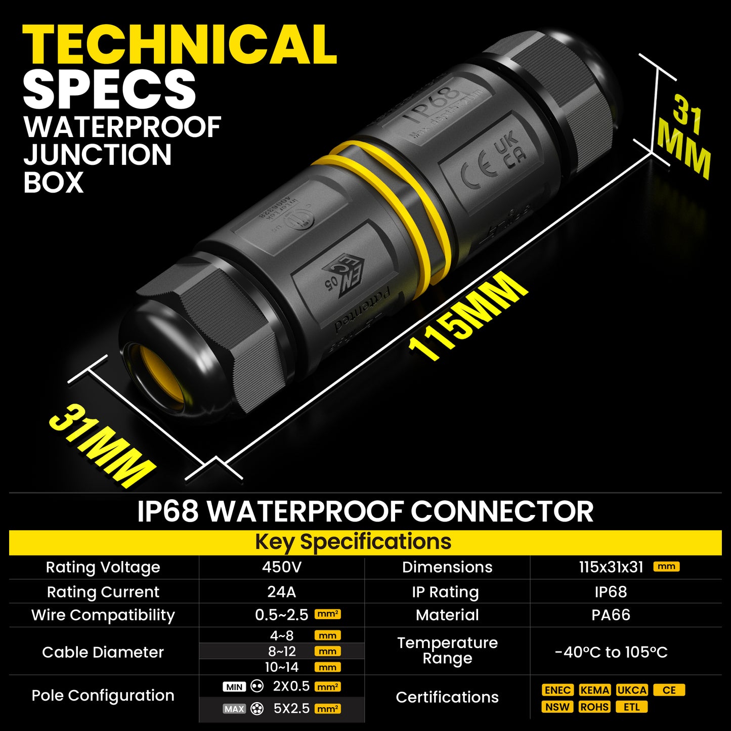 PEBA® Kabelverbinder Wasserdicht IP68 Verbindungsbox Verbindungsmuffe 5-polig für Ø4-14mm Kabeldurchmesser, Verteilerdose außen, 5-Leiter, Verbindungsklemme mit Hebel für Outdoor, Abzweigdose