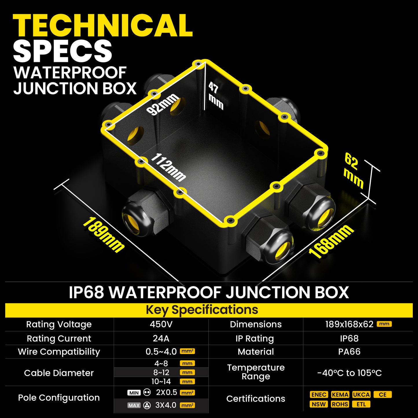 PEBA® Wasserdicht Abzweigdose Erdkabel Kabelverbinder IP68 Verteilerdose steckdose aussen verteiler Ø4mm-14mm kabel für garten outdoor verbinder box 6-Wege Schwarz