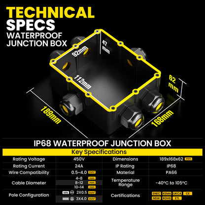 PEBA® Wasserdicht Abzweigdose Erdkabel Kabelverbinder IP68 Verteilerdose steckdose aussen verteiler Ø4mm-14mm kabel für garten outdoor verbinder box 6-Wege Schwarz