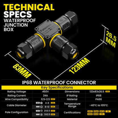 PEBA® Kabelverbinder Wasserdicht 3 polig, 3-Wege IP68 Wasserdichte Kabelverbinder Ø4-12mm Kabeldurchmesser, Verteilerdose außen, 3-Leiter, Verbindungsklemme mit Hebel für Outdoor, Abzweigdose Schwarz