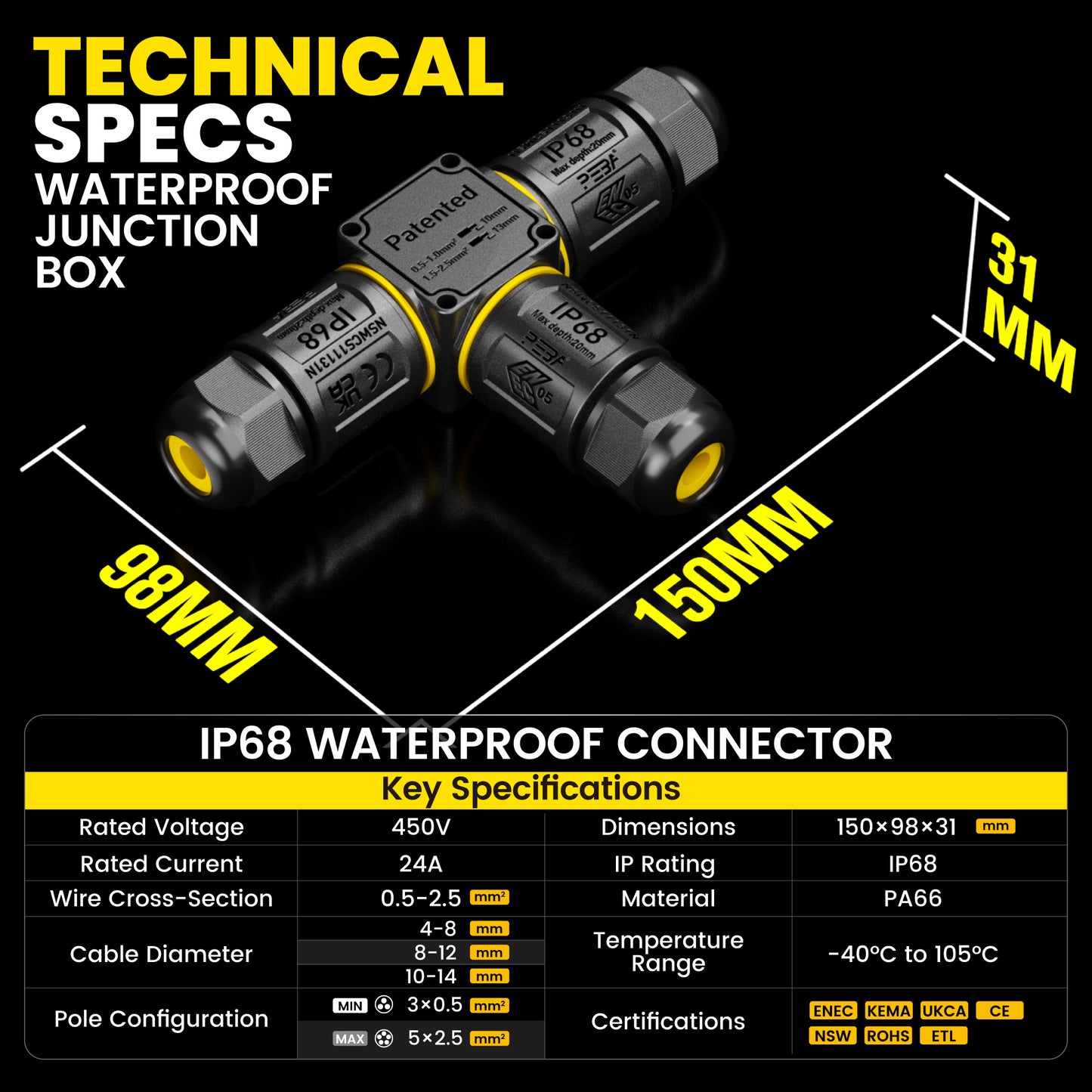 PEBA Kabelverbinder Wasserdicht 5 polig, 3-Wege IP68 Wasserdichte Kabelverbinder 4-14mm Kabeldurchmesser, Verteilerdose außen, 5-Leiter, Verbindungsklemme mit Hebel für Outdoor, Abzweigdose Schwarz
