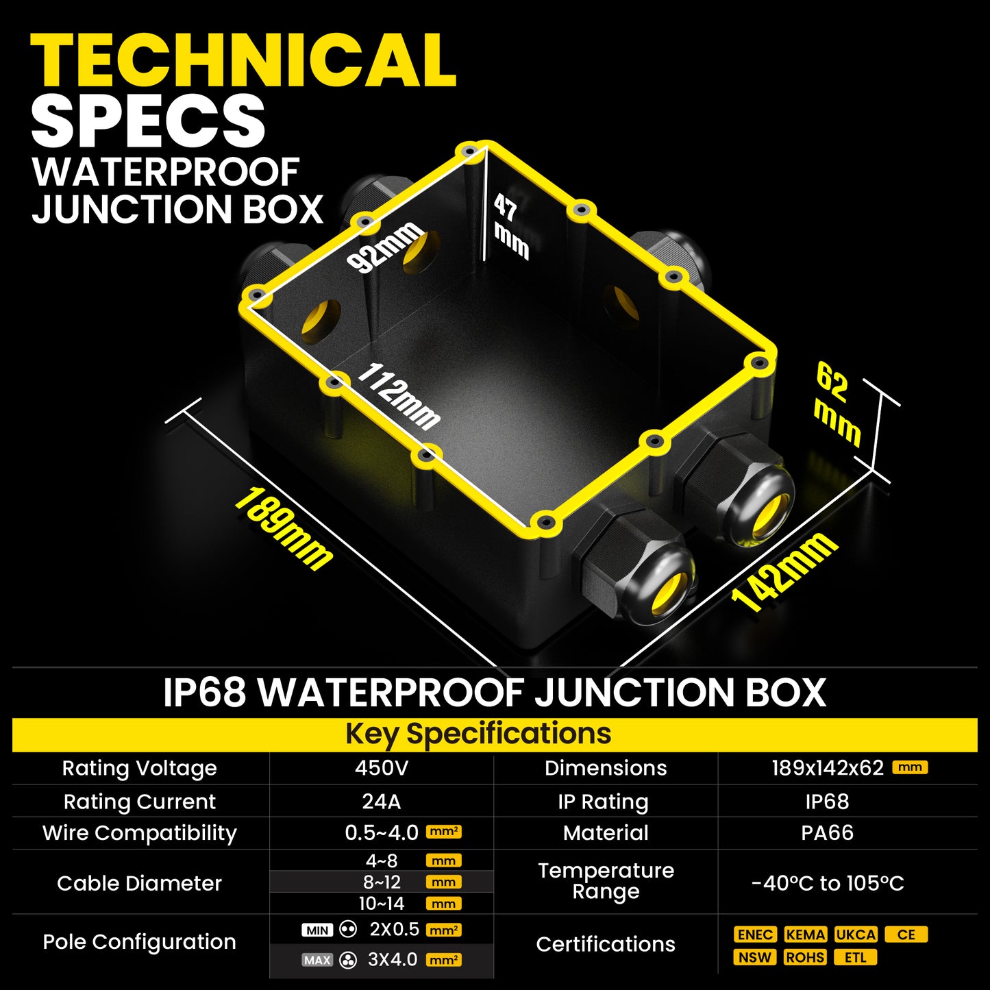 PEBA® Wasserdicht Abzweigdose Erdkabel Kabelverbinder IP68 Verteilerdose steckdose aussen verteiler Ø4mm-14mm kabel für garten outdoor verbinder box 5-Wege Schwarz