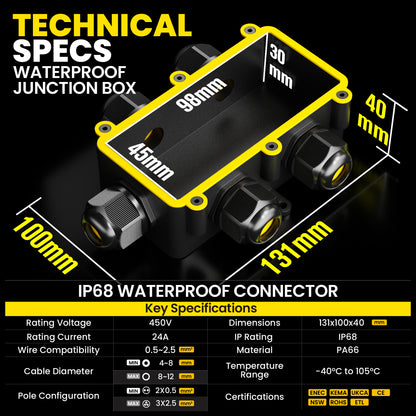 PEBA® Abzweigdose,Erdkabel Klemmdose Verbindungsdose, 5 Wege Junction Box, IP68 Wasserdichte Verteilerdose, Kabelverbinder Aussen, Elektrischer Außenverteilerdose, Kabeldurchmesser Ø 4mm-12mm, schwarz