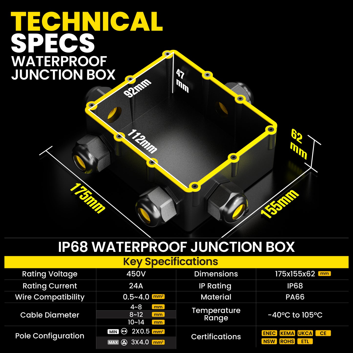 PEBA® Wasserdicht Abzweigdose Erdkabel Kabelverbinder IP68 Verteilerdose steckdose aussen verteiler Ø4mm-14mm kabel für garten outdoor verbinder box 5-Wege Schwarz