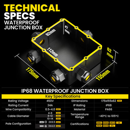 PEBA® Wasserdicht Abzweigdose Erdkabel Kabelverbinder IP68 Verteilerdose steckdose aussen verteiler Ø4mm-14mm kabel für garten outdoor verbinder box 5-Wege Schwarz