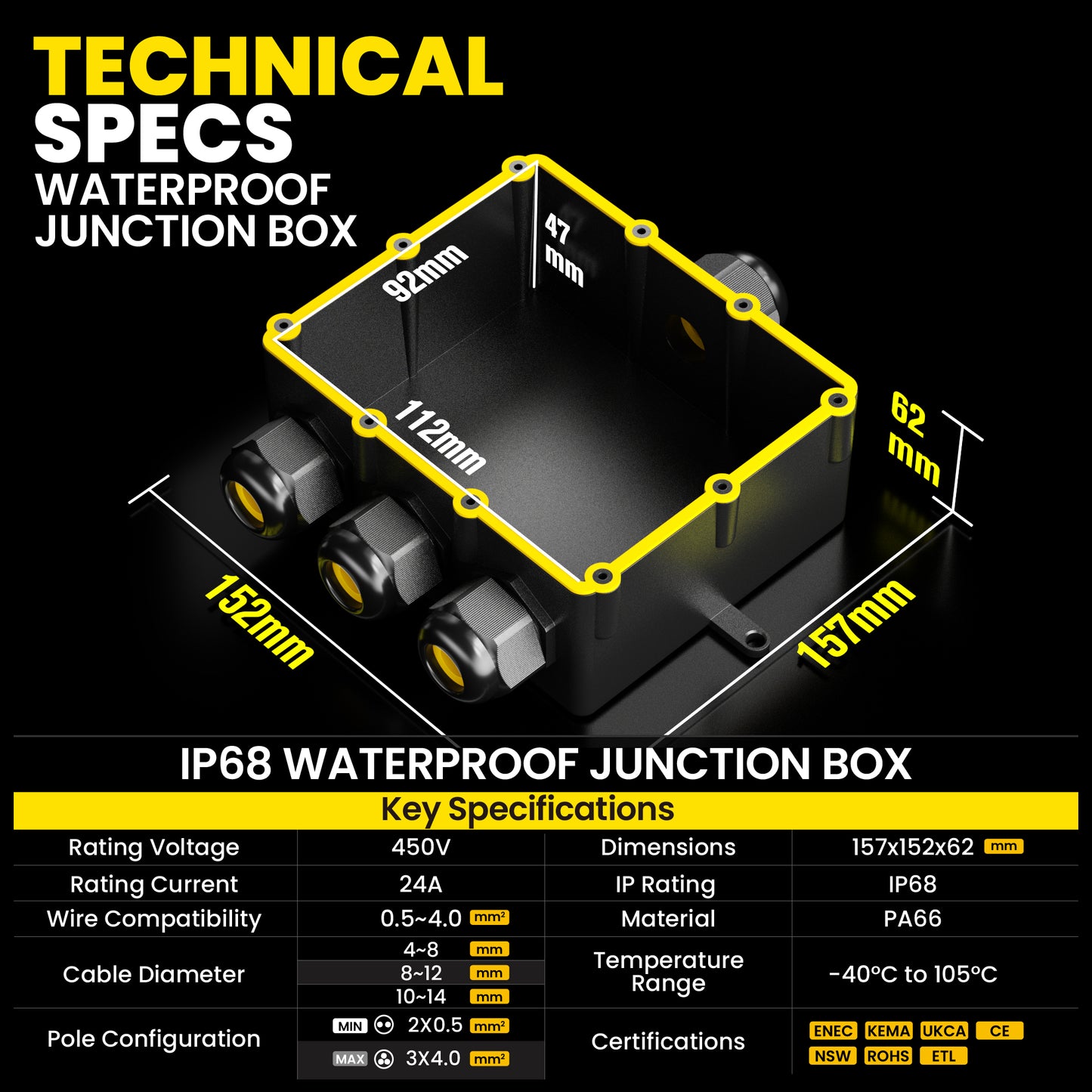 PEBA® Wasserdicht Abzweigdose Erdkabel Kabelverbinder IP68 Verteilerdose steckdose aussen verteiler Ø4mm-14mm kabel für garten outdoor verbinder box 4-Wege Schwarz