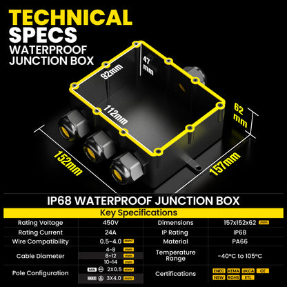 PEBA® Wasserdicht Abzweigdose Erdkabel Kabelverbinder IP68 Verteilerdose steckdose aussen verteiler Ø4mm-14mm kabel für garten outdoor verbinder box 4-Wege Schwarz