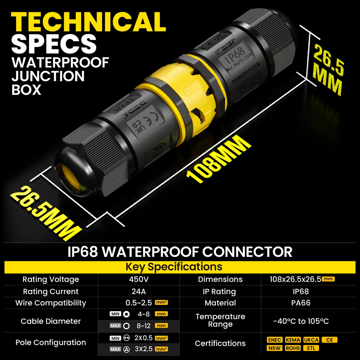 PEBA Kabelverbinder Wasserdicht 3 polig IP68 Steckbarer Wasserdichte Kabelverbinder, Kabelschnellverbinder mit Stecker und Buchse für 4-12mm, Verbindungsklemme mit Hebel, Schwarz