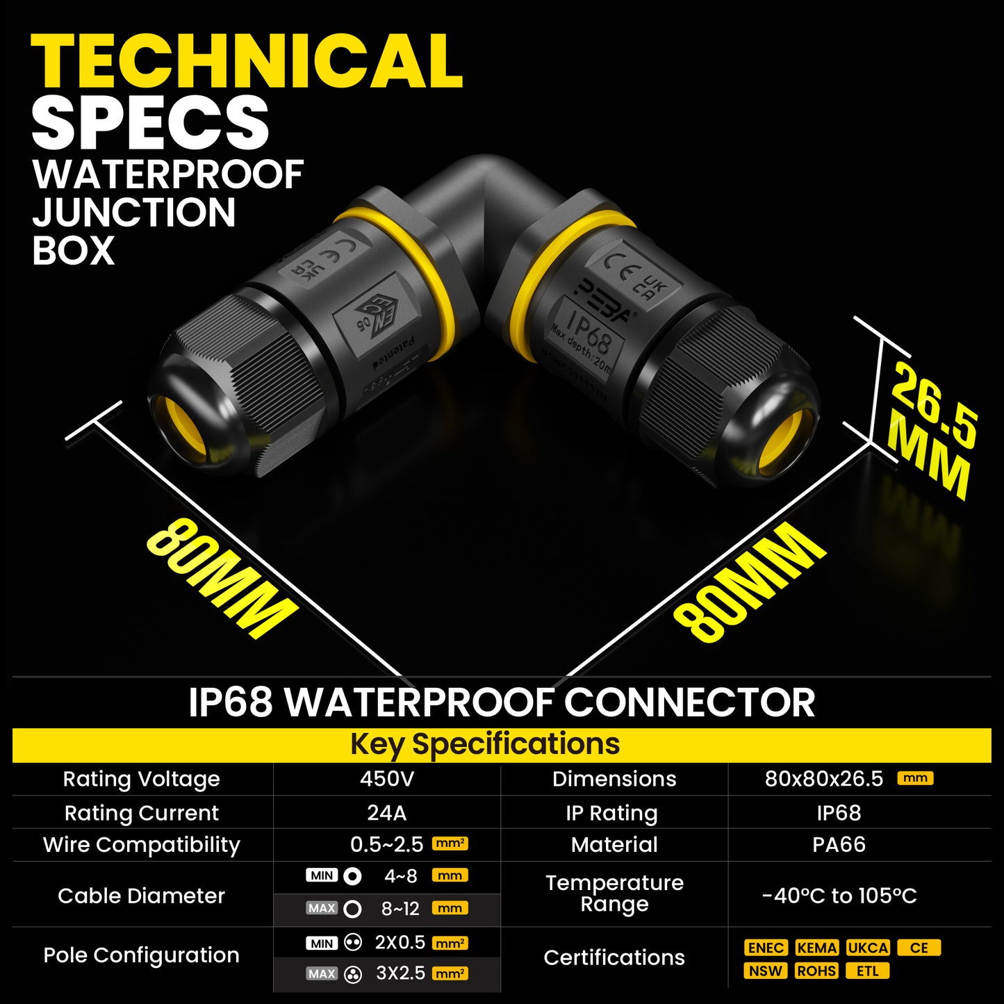 PEBA Kabelverbinder Wasserdicht Abzweigdose IP68 Verteilerdose Klemmdose für Aussen L-Form 3-polig für Ø4mm-12mm Kabeldurchmesser für Garten im Freienwasserdicht, Schwarz