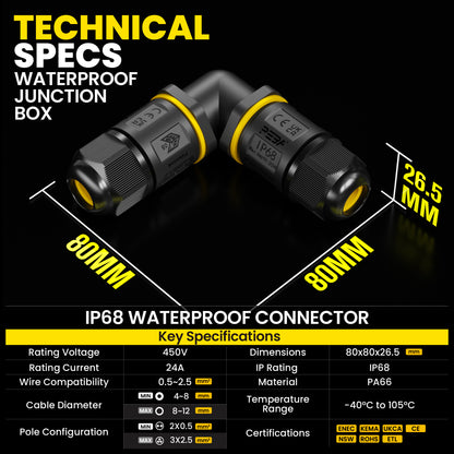 PEBA Kabelverbinder Wasserdicht Abzweigdose IP68 Verteilerdose Klemmdose für Aussen L-Form 3-polig für Ø4mm-12mm Kabeldurchmesser für Garten im Freienwasserdicht, Schwarz