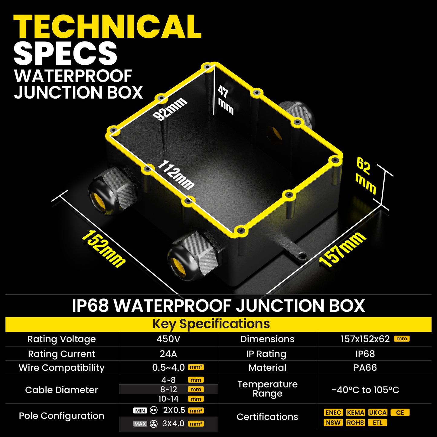 PEBA Wasserdicht Abzweigdose Erdkabel Kabelverbinder IP68 Verteilerdose steckdose aussen verteiler 4 mm-14 mm kabel für außen garten outdoor wasserdichte verbinder box 3-Wege steckdosen Schwarz