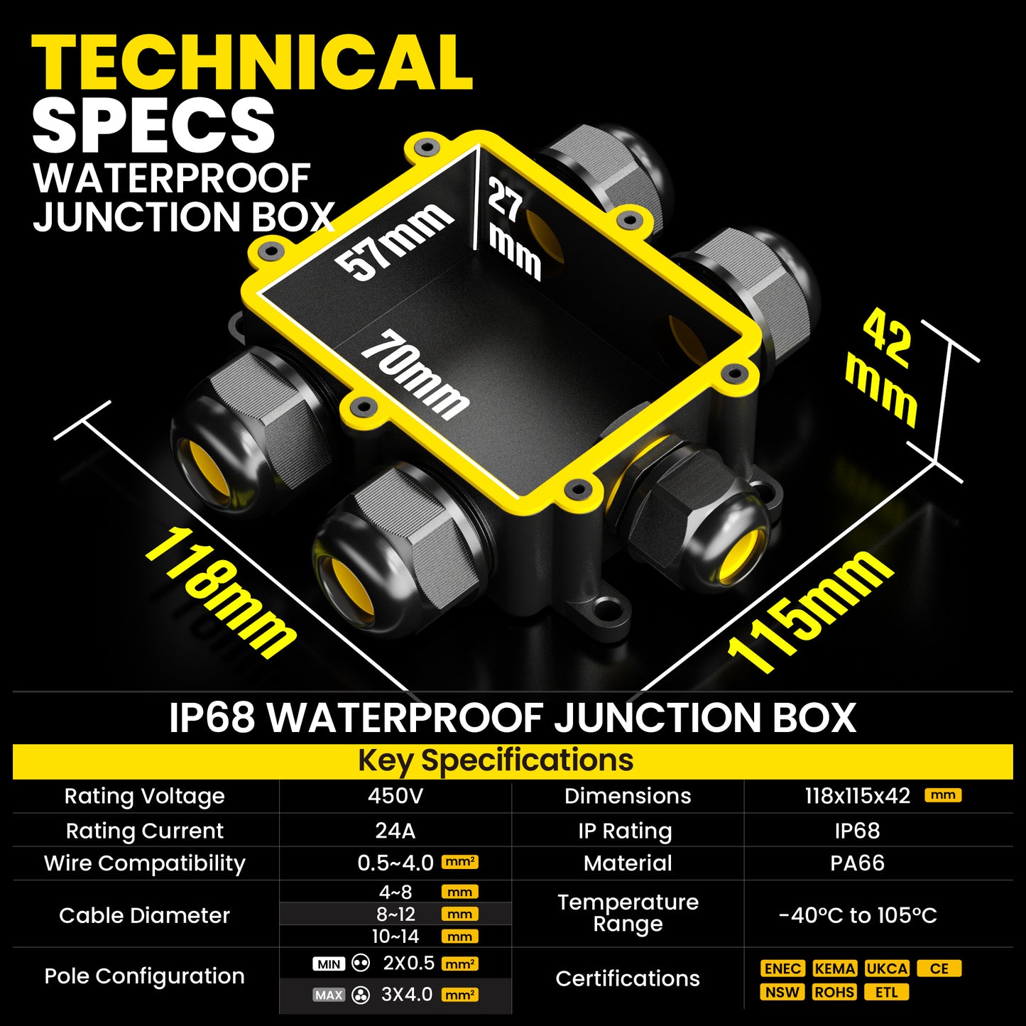 PEBA® Abzweigdose IP68, Erdkabel Klemmdose Verbindungsdose, 5 Wege Junction Box, Klemmkasten, Wasserdichte Kabelverbinder,Aufputz Verteilerdose Außen Wasserdicht,für 4-14mm Kabel,Abzweigkasten schwarz