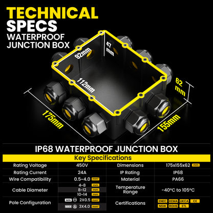 PEBA® Wasserdicht Abzweigdose Erdkabel Kabelverbinder IP68 Verteilerdose steckdose aussen verteiler Ø4mm-14mm kabel für garten outdoor verbinder box 10-Wege Schwarz