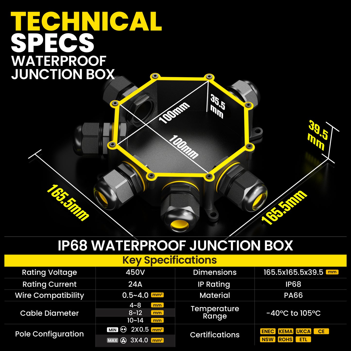 PEBA® Abzweigdose IP68, Abzweigkasten, Wasserdichte Kabelverbinder, Aufputz Verteilerdose Außen Wasserdicht 6-Wege für Ø4-14mm Kabeldurchmesser Anschlussdose, Klemmkasten, Abzweigdose schwarz