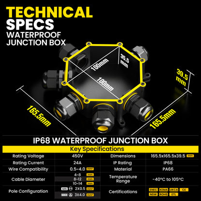 PEBA® Abzweigdose IP68, Abzweigkasten, Wasserdichte Kabelverbinder, Aufputz Verteilerdose Außen Wasserdicht 6-Wege für Ø4-14mm Kabeldurchmesser Anschlussdose, Klemmkasten, Abzweigdose schwarz