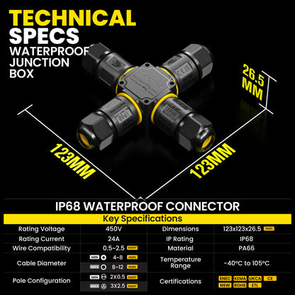 PEBA Kabelverbinder Wasserdicht 3 polig, 4-Wege IP68 Wasserdichte Kabelverbinder 4-12 mm Kabeldurchmesser, Verteilerdose außen, 3-Leiter, Verbindungsklemme mit Hebel für Outdoor, Abzweigdose Schwarz