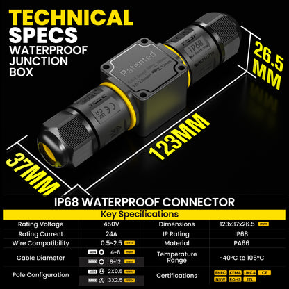 PEBA Kabelverbinder Wasserdicht 3 polig, 2-Wege IP68 Wasserdichte Kabelverbinder 4-12 mm Kabeldurchmesser, Verteilerdose außen, 3-Leiter, Verbindungsklemme mit Hebel für Outdoor, Abzweigdose Schwarz