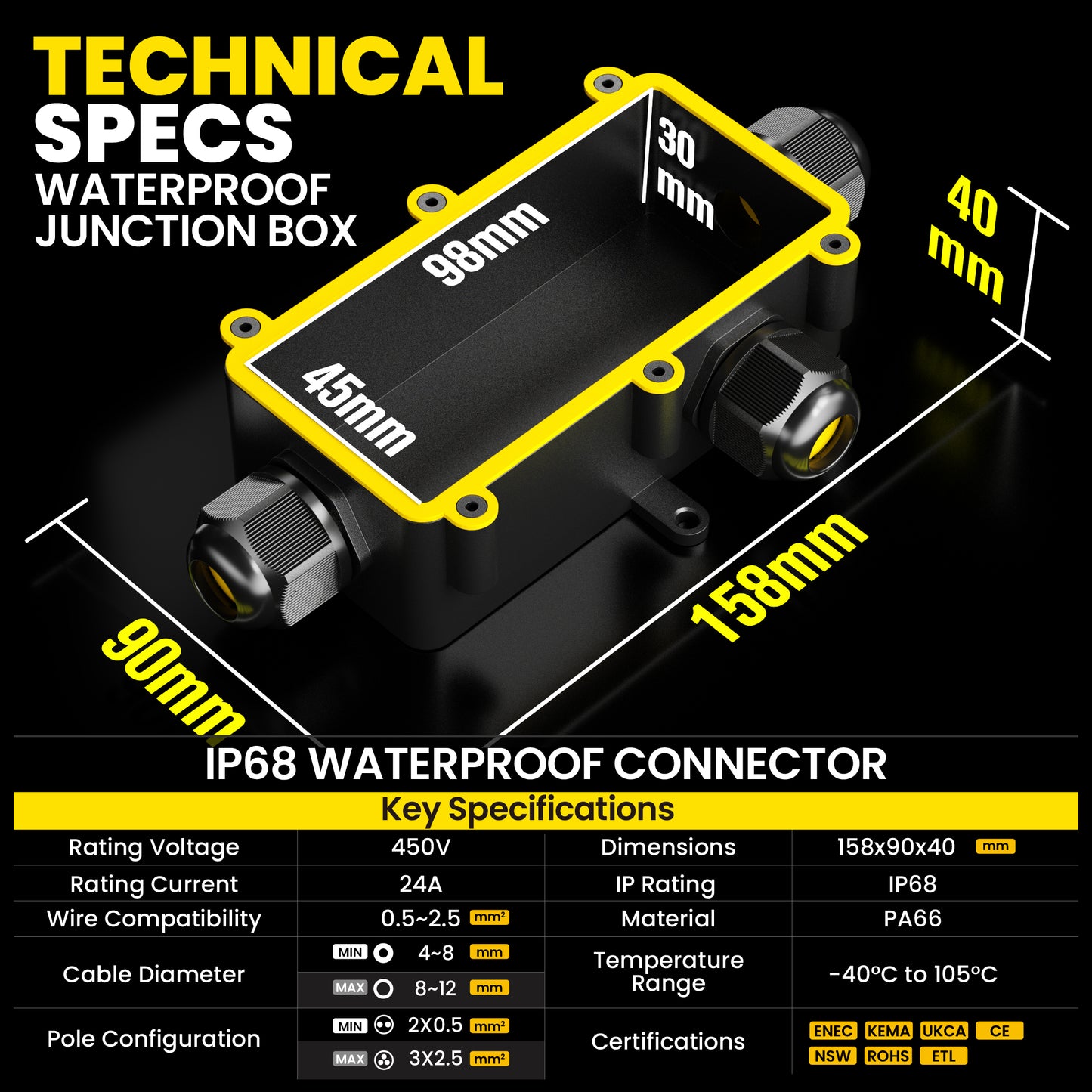 PEBA® Wasserdicht Abzweigdose Erdkabel Kabelverbinder IP68 Verteilerdose steckdose aussen verteiler Ø4mm-8mm und Ø8mm-12mm kabel für außen garten outdoor wasserdichte verbinder box 3-Wege Schwarz
