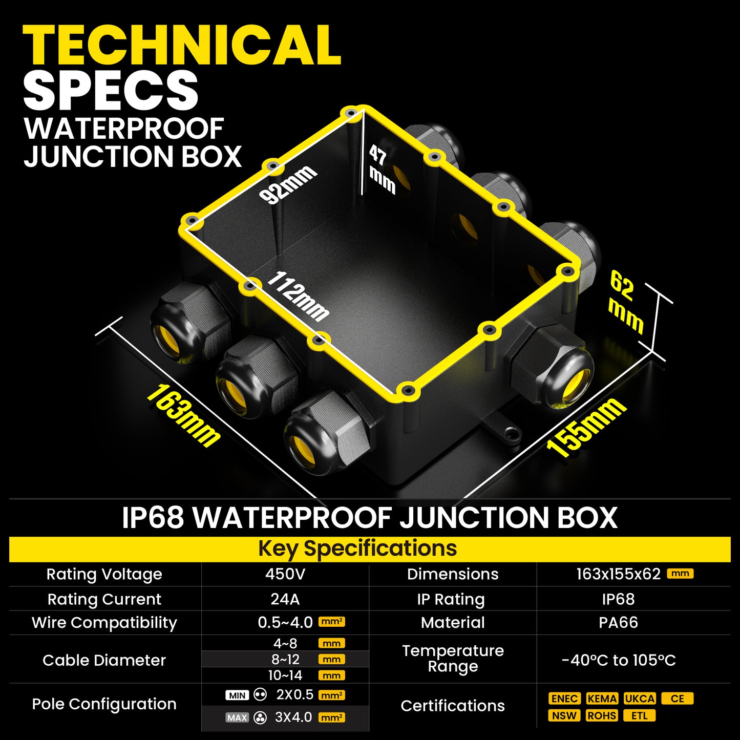 PEBA® Wasserdicht Abzweigdose Erdkabel Kabelverbinder IP68 Verteilerdose steckdose aussen verteiler Ø4mm-14mm kabel für garten outdoor verbinder box 7-Wege Schwarz