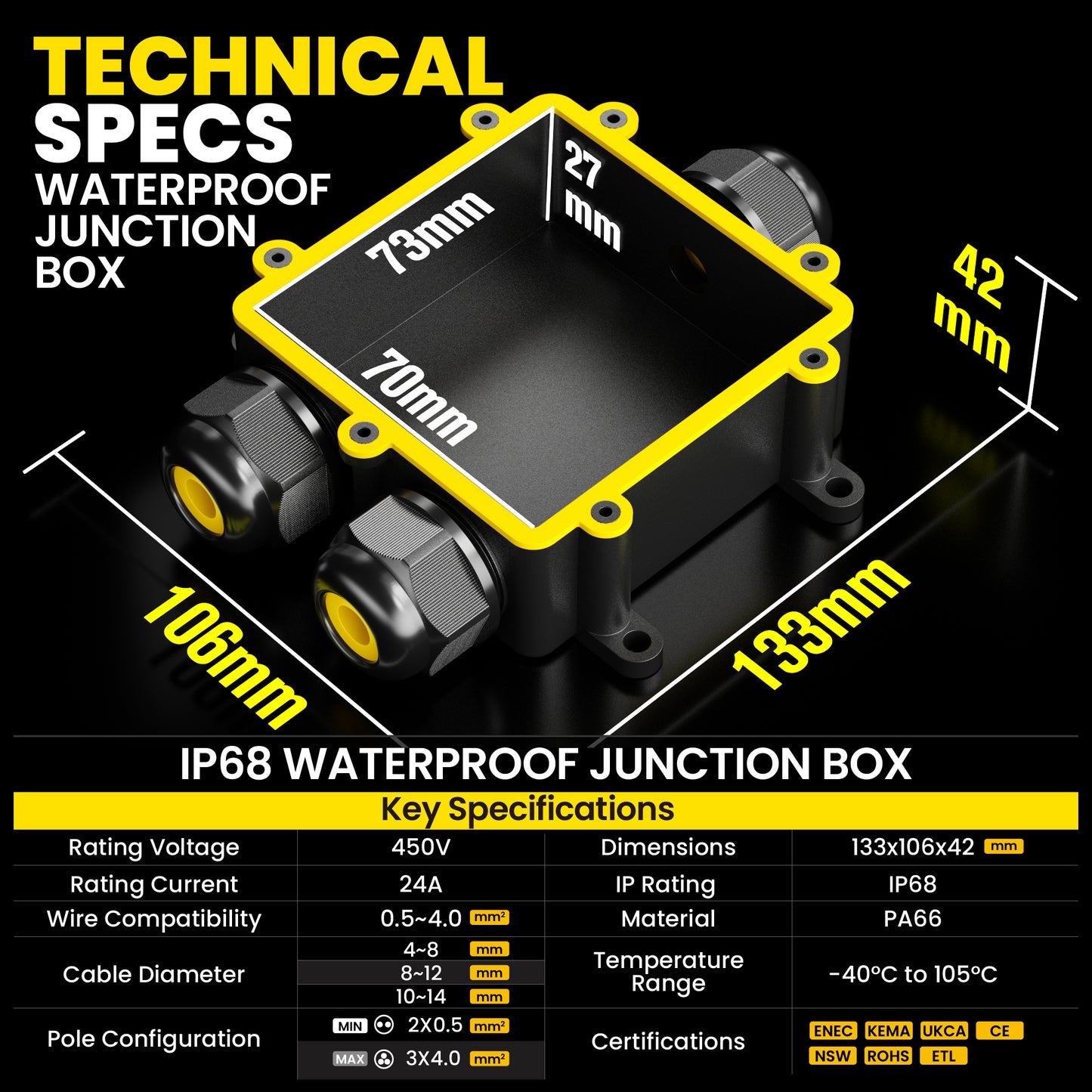 PEBA® IP68 Wasserdichte Kabelanschlussdose, 3-Wege Outdoor Kabelverbinder, Kabelverbinder, Wasserdichte Kabelanschlussdose, Anschlussdosen, Kabelboxen, Kabelverbindung für Ø4-14mm Kabeldurchmesser,Schwarz