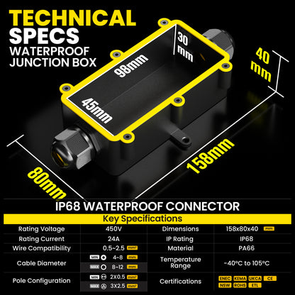 PEBA® Abzweigdose,Erdkabel Klemmdose Verbindungsdose, 2 Wege Junction Box, IP68 Wasserdichte Verteilerdose, Kabelverbinder Aussen, Elektrischer Außenverteilerdose, Kabeldurchmesser Ø 4mm-12mm, schwarz(4 Stück)