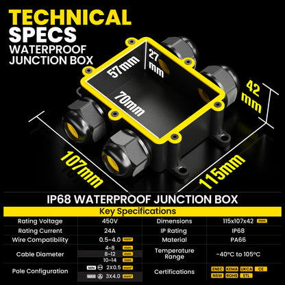 PEBA® Abzweigdose IP68 Wasserdicht Kabelverbinder Aussen 4-Wege-Verbindungsdose Erdkabel Schwarz Elektrischer Außenverteilerdose,Kabelverschraubung für Ø 4mm-14mm 4 Stück