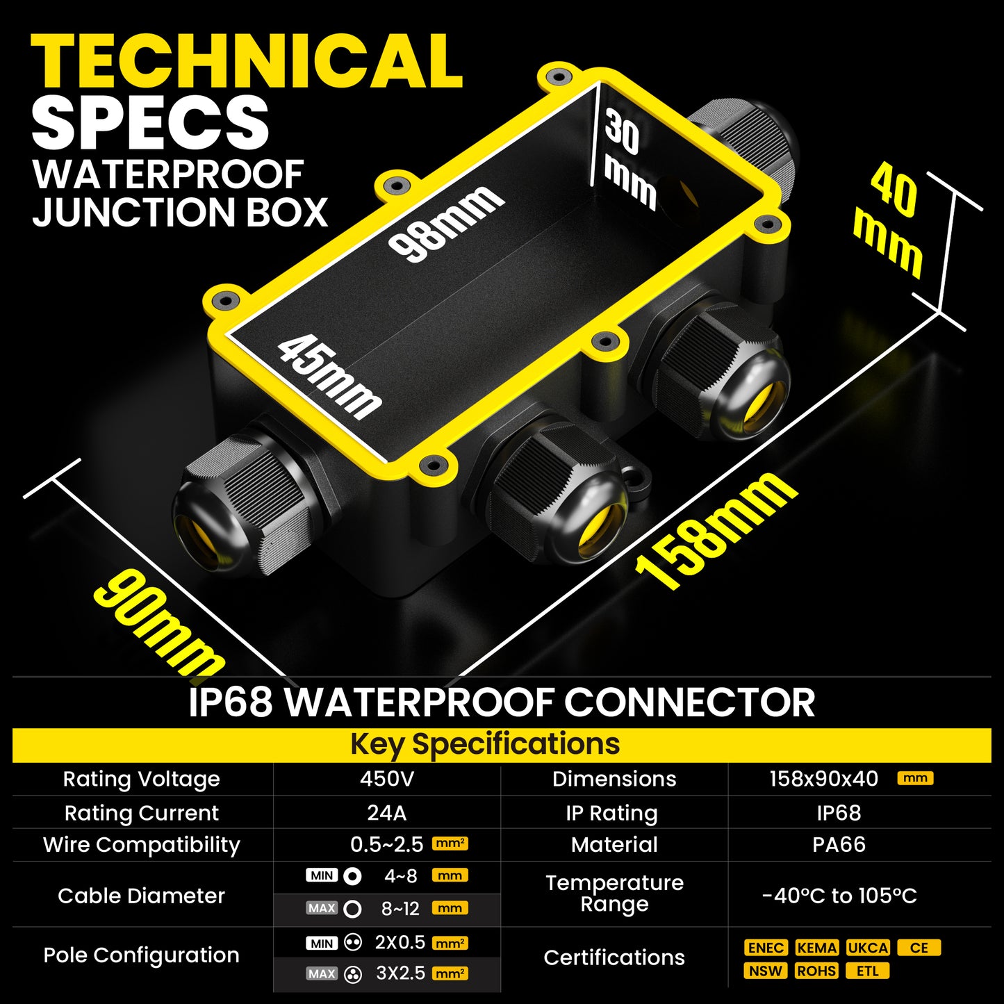 PEBA® Wasserdicht Abzweigdose Erdkabel Kabelverbinder IP68 Verteilerdose steckdose aussen verteiler Ø4mm-8mm und Ø8mm-12mm kabel für außen garten outdoor wasserdichte verbinder box 4-Wege Schwarz