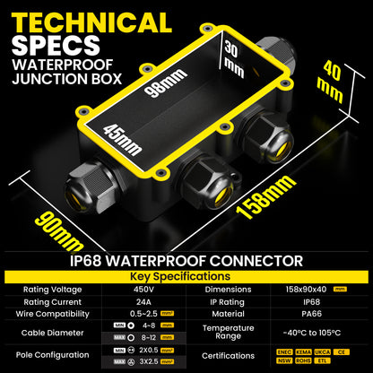 PEBA® Wasserdicht Abzweigdose Erdkabel Kabelverbinder IP68 Verteilerdose steckdose aussen verteiler Ø4mm-8mm und Ø8mm-12mm kabel für außen garten outdoor wasserdichte verbinder box 4-Wege Schwarz