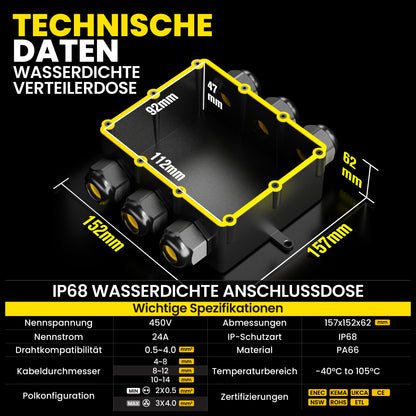 PEBA® Wasserdicht Abzweigdose Erdkabel Kabelverbinder IP68 Verteilerdose steckdose aussen verteiler Ø4mm-14mm kabel für garten outdoor verbinder box 6-Wege Schwarz