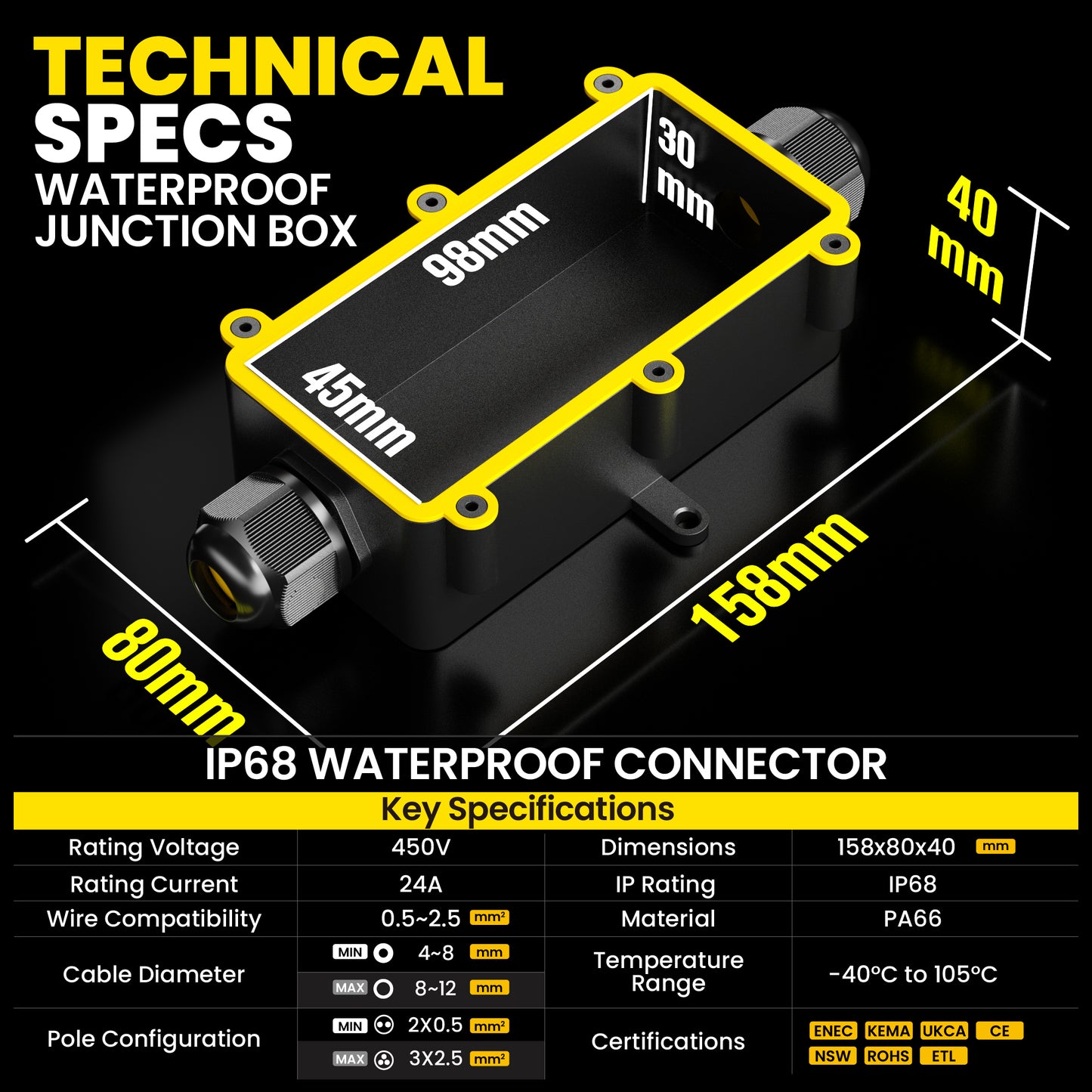 PEBA® Abzweigdose,Erdkabel Klemmdose Verbindungsdose, 2 Wege Junction Box, IP68 Wasserdichte Verteilerdose, Kabelverbinder Aussen, Elektrischer Außenverteilerdose, Kabeldurchmesser Ø 4mm-12mm, schwarz